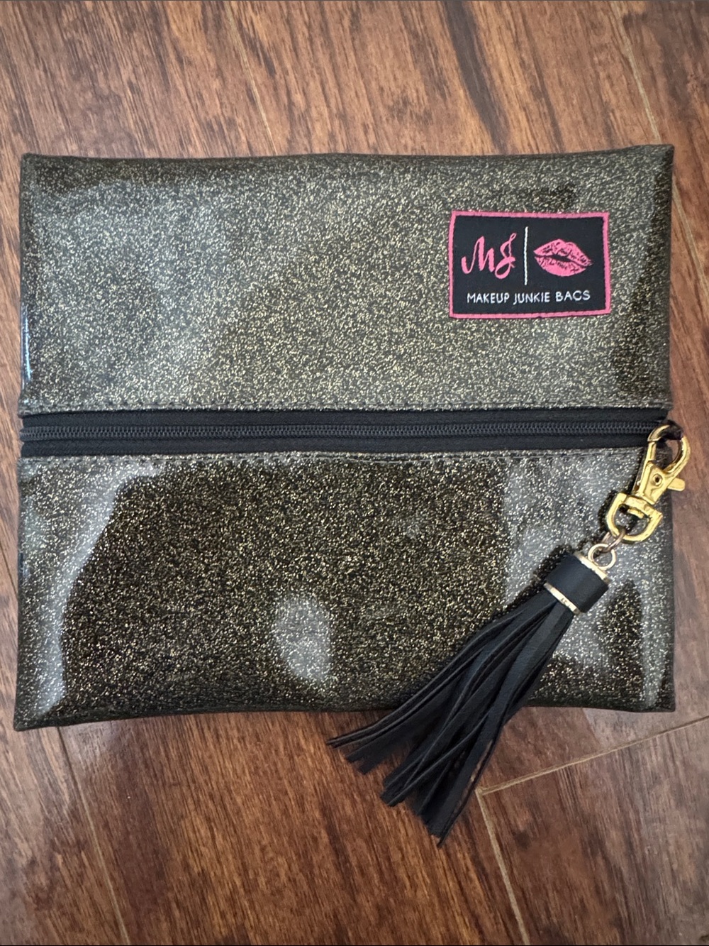 Small Makeup Junkie Bags Glitter Gold and Black Cosmetic Pouch w Tassel 8” x  7”